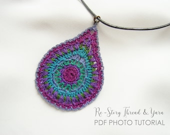 Digital Thread Crochet PATTERN, Colorful BOHO Crochet Jewelry Tutorial, Crochet DROP-Shaped Earrings Necklace Pattern, Colorful Boho Pendant
