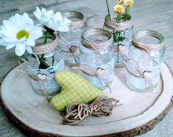 5 kleine Teelichthalter Vasen Windlichter Dekogläser Vintage Hochzeit Dekoration Tischdeko Set Landhaus Spitze Herz