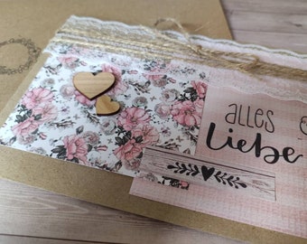 Karte Hochzeit Taufe Geburtstag Glückwunschkarte Klappkarte pastell Blumen rosa Spitze Vintage Herz