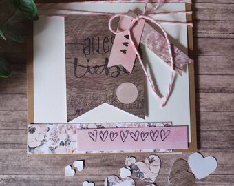 Karte Hochzeit Taufe Geburtstag Glückwunschkarte Klappkarte pastell Blumen rosa rustikal Vintage Herz