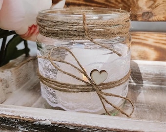 10 gleichgroße Windlichter für Kerzen Hochzeit Dekogläser Vintage Hochzeitsdekoration Wedding Deko Landhaus Spitze Jute Herz