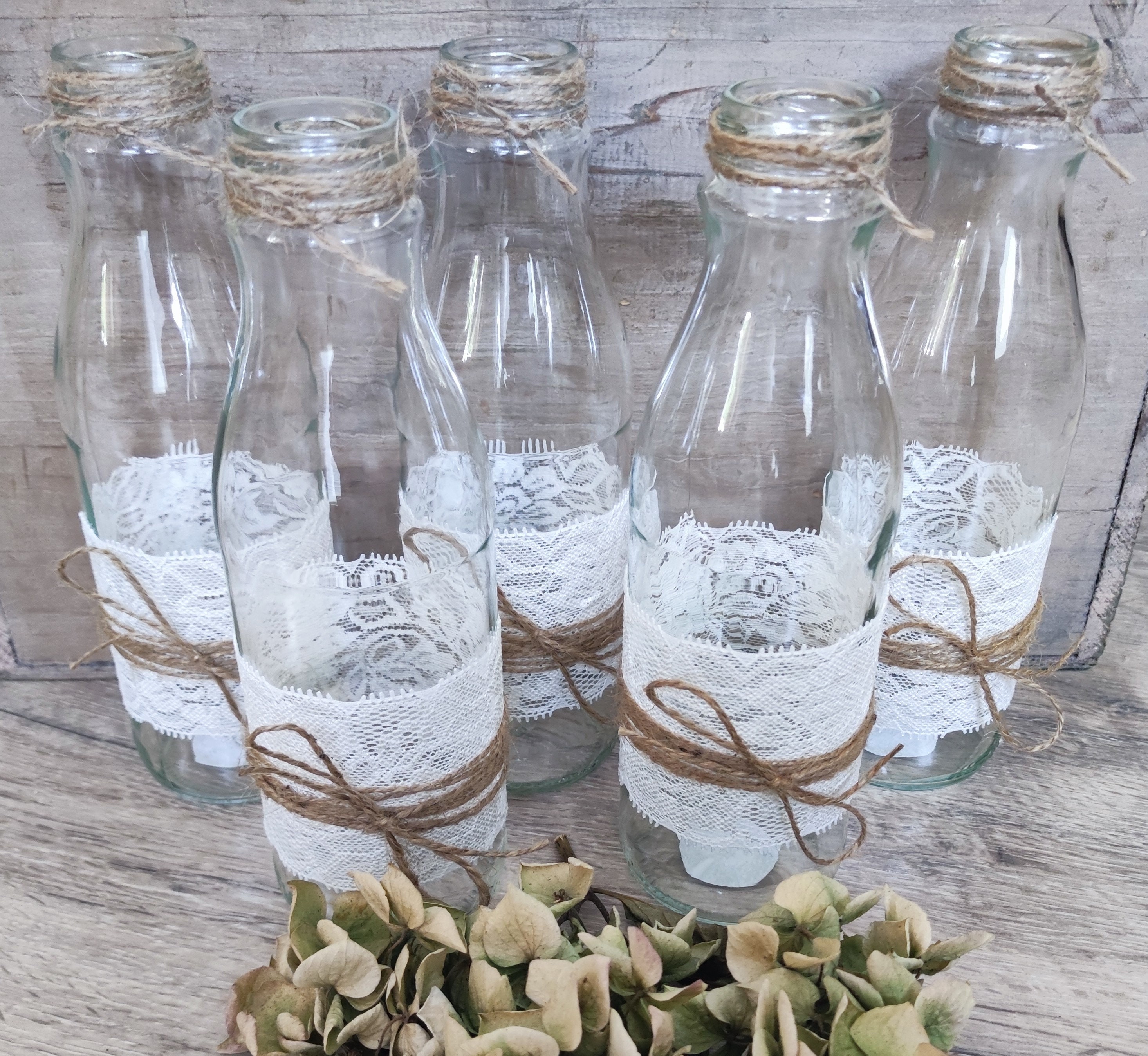 5 Dekoflaschen Flaschen Deko Vasen Vintage Hochzeit Dekoration Tischdeko Milchflaschen ca 20 cm Wedding