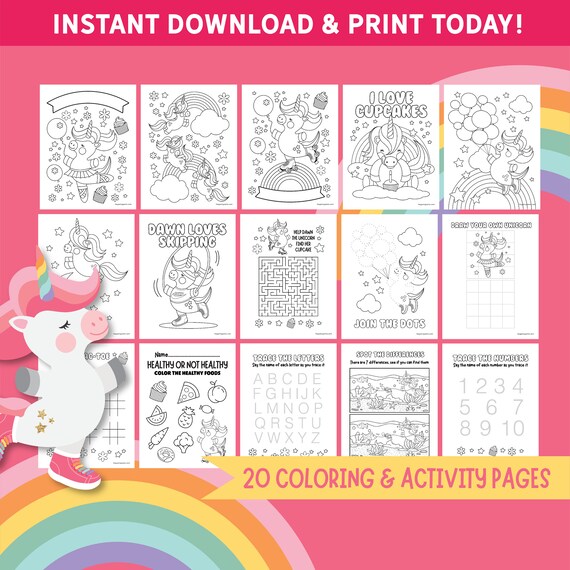 printable coloring pages unicorn activity sheets kraft etsy