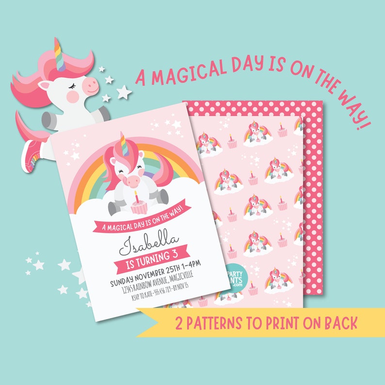 EDITABLE Unicorn Girls Birthday Invite Cupcake Invitation Printable Custom Template Downloadable Rainbow Invitation Baby Girls Party image 3