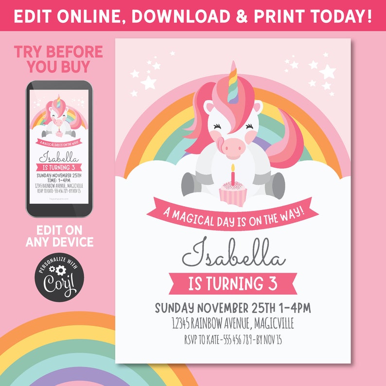 EDITABLE Unicorn Girls Birthday Invite Cupcake Invitation Printable Custom Template Downloadable Rainbow Invitation Baby Girls Party image 2