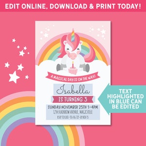 EDITABLE Unicorn Girls Birthday Invite Cupcake Invitation Printable Custom Template Downloadable Rainbow Invitation Baby Girls Party image 6