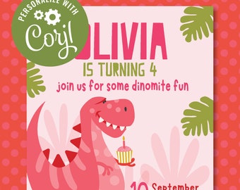 SELF EDITABLE Dinosaur Party Invite Girls Pink TRex Kids Birthday DIY Template Party Invitation Printable Invitation Download 2nd 3rd 4th