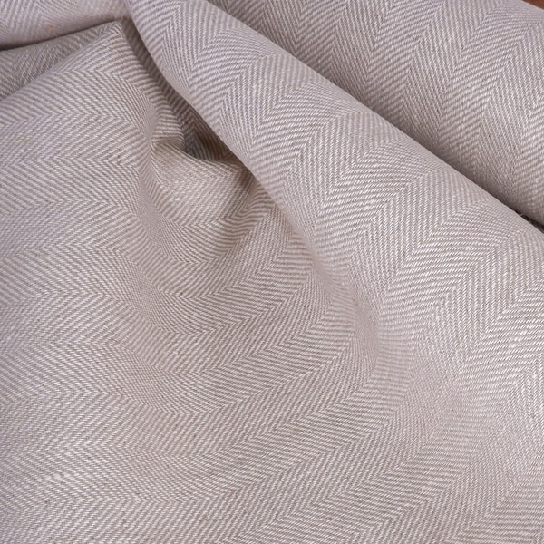 Tissu en pur lin naturel à chevrons, prélavé très lourd. Tissu en lin biologique de 280 g/m² par mètre au mètre. Tissu rustique
