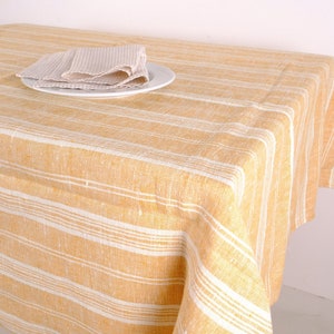 YELLOW striped BLUE Linen tablecloth - custom size Round, square, rectangular table linen stripes custom  heavy weight rustic  french  flax