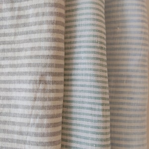 Striped Linen Fabric - Natural Gray Blue White Stonewashed 100% Linen Flax Material - Fabric by the Meter - Fabric by the Yard