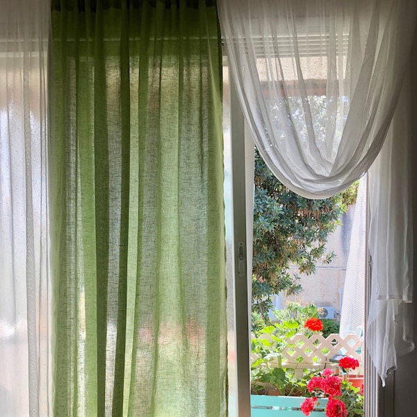 SHEER Curtains 100% Linen gauze window panel. kitchen Living room farmhouse curtains.  flax. Bedroom.  custom size TRANSPARENT