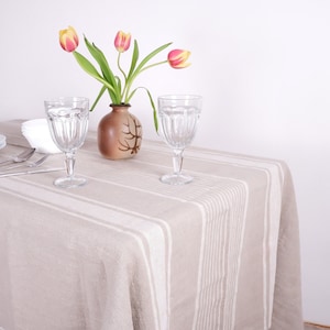 Linen tablecloth  - french  stripe linen - custom size - beige stripes Round tablecloth red stripes black striped