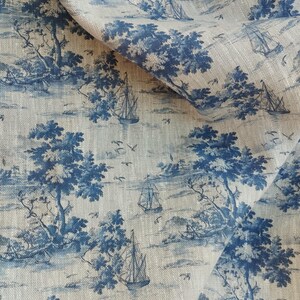 Blue landscape boat pattern linen fabric, heavy weight linen upholstery Washed flax fabric digital print antique flax ship unique image 6