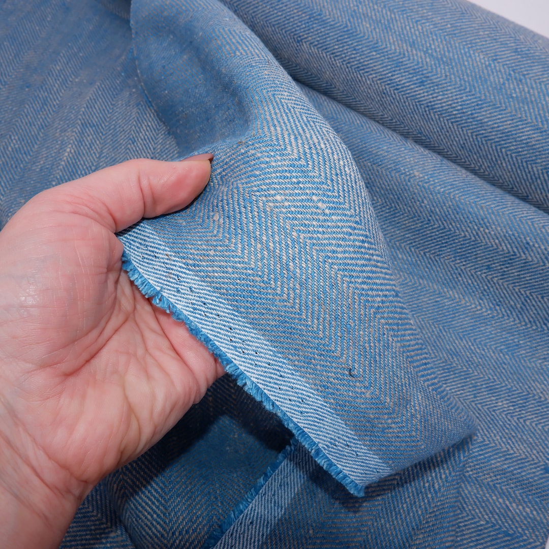 Blue Heavy Herringbone Pure Linen Fabric, Very Heavy Weight Prewashed