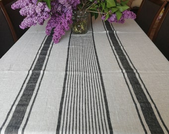 Linen tablecloth  - french sack weave linen - custom size - country cottage style Round oval table linen black stripes red green blue