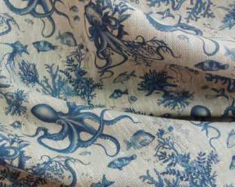 Marine pattern linen fabric, heavy weight linen octopos upholstery underwater Washed flax fabric block print fabric blue sea antique flax