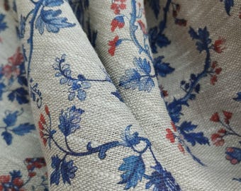 BLUE floral pattern linen fabric, heavy weight linen upholstery Washed flax fabric block print fabric red flowers antique flax