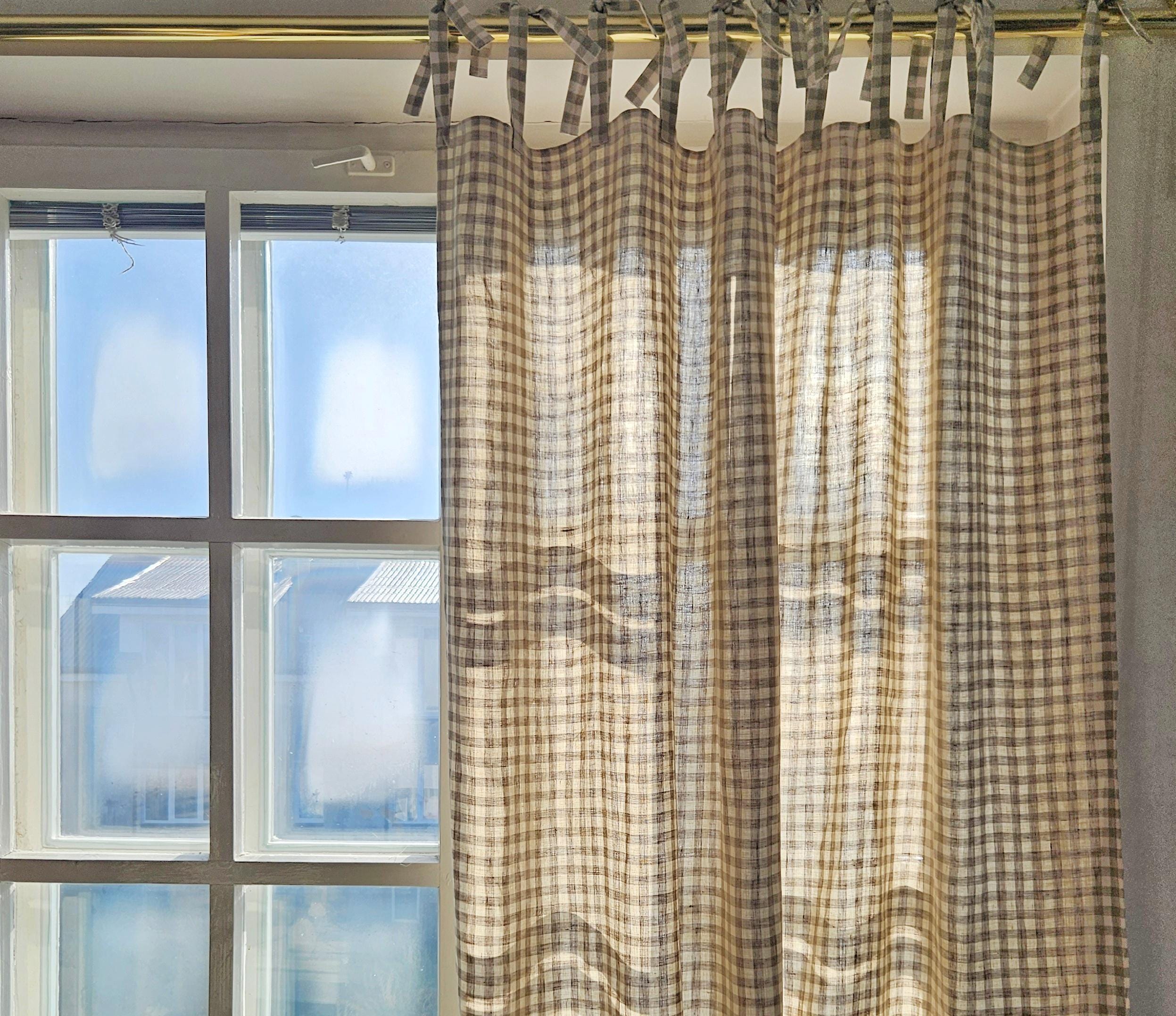 Curtain 100% Linen classic gingham Softened window panel. kitchen Living room farmhouse curtains with ties flax checked custom size drapes