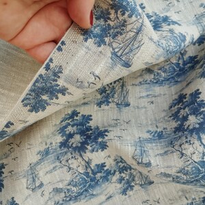 Blue landscape boat pattern linen fabric, heavy weight linen upholstery Washed flax fabric digital print antique flax ship unique image 3