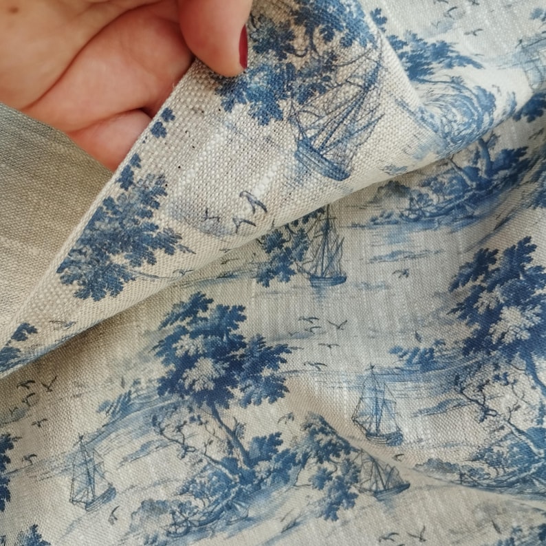 Blue landscape boat pattern linen fabric, heavy weight linen upholstery Washed flax fabric digital print antique flax ship unique image 3