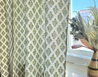 Cafe curtains with green block print. . french Bedroom valance from pure linen.  long curtain panel for bedroom, living room, french villa