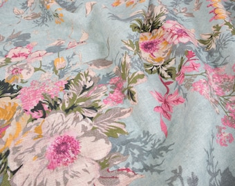 Softened floral pattern linen fabric, medium weight linen with flowers Washed linen fabric by the meter, linen fabric by the yard rose peony