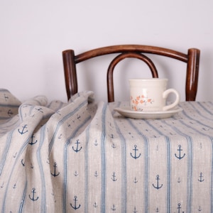 ANCHOR rustic natural Linen tablecloth big print - custom size - Round elegant table linen blue block print pattern, indian style boho chic