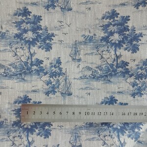 Blue landscape boat pattern linen fabric, heavy weight linen upholstery Washed flax fabric digital print antique flax ship unique image 4