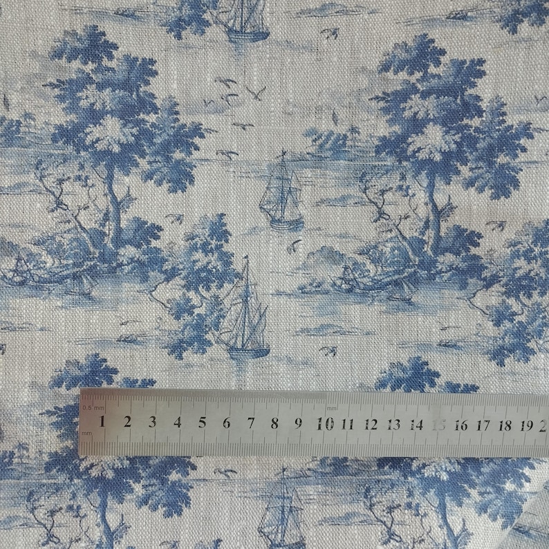 Blue landscape boat pattern linen fabric, heavy weight linen upholstery Washed flax fabric digital print antique flax ship unique image 4