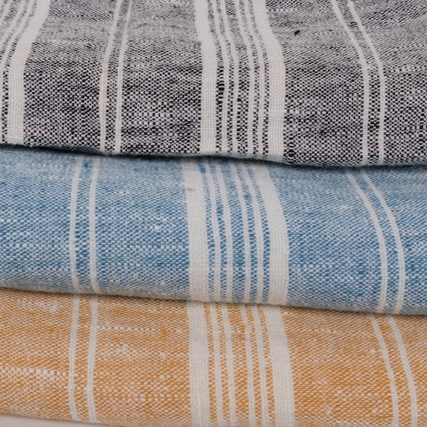 Heavy Weight Striped Linen fabric by the yard or meter in SWEDISH BLUE. 260 gr/m2, 140cm width. flax for decor pillows, upholstery yellow