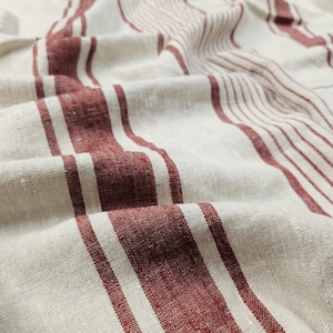 Heavy Striped Linen fabric by the yard or meter 140cm width for decor pillows, upholstery, curtains burdungy red natural french linen