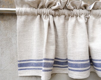 Cafe Curtains 100% Linen striped Softened - window panel with header ranch  kitchen farmhouse curtains. french valance. Short curtain