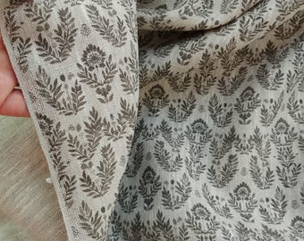 CASTLE Floral pattern linen fabric, heavy weight linen upholstery flax fabric block print fabric green antique flax green printed linen