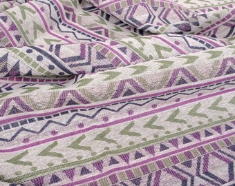 Geometric pattern linen fabric, heavy weight linen, reversible by the meter yard, ethnic pattern flax purple green yellow vertical stripes