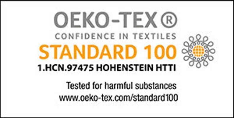 May include: OEKO-TEX&reg; STANDARD 100 certification label with the text "Confidence in Textiles" and "Tested for harmful substances". The label also includes the website address www.oeko-tex.com/standard 100.