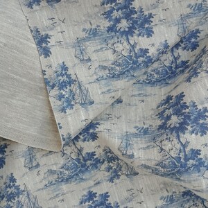 Blue landscape boat pattern linen fabric, heavy weight linen upholstery Washed flax fabric digital print antique flax ship unique image 2