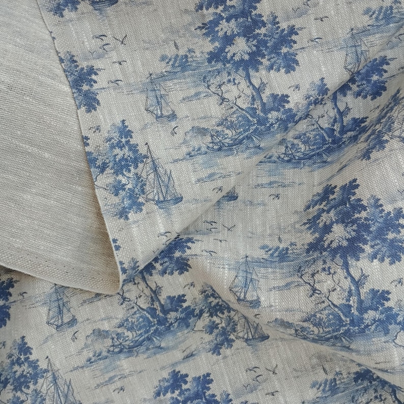 Blue landscape boat pattern linen fabric, heavy weight linen upholstery Washed flax fabric digital print antique flax ship unique image 2