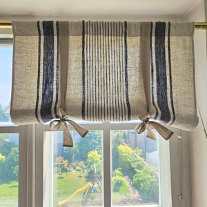 BLUE stripes Curtains 100% Linen striped window panel. farmhouse curtains kitchen. Grain Sack flax Bedroom custom size ties roll up curtain