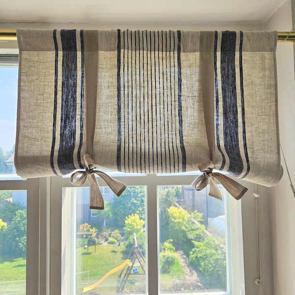 Cortinas de rayas azules, 100 % lino, panel de ventana a rayas. Cortinas rústicas para cocina. Cortina enrollable de lino con lazos a medida para dormitorio.