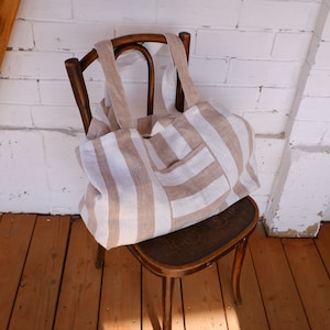 Französischer Stil Leinen Strandtasche, gestreifte Leinen Strandtasche mit Taschen, Natürliche Leinen Sommertasche, Große Leinen Einkaufstasche, Reisetasche.