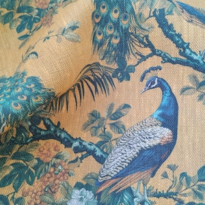 鳥の葉模様のリネン生地マスタード、厚手のリネン張り生地ウォッシュ加工の亜麻生地木の布アンティーク亜麻デジタルプリントイエロー