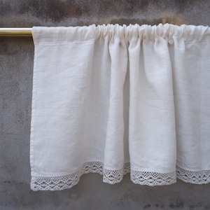 white Curtain Linen with lace Softened - window panel with rod pocket  kitchen farmhouse  cafe curtains. french Bedroom valance