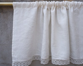 Lace Curtains Linen striped Softened - window panel with header ranch  kitchen farmhouse  cafe curtains. french Bedroom valance