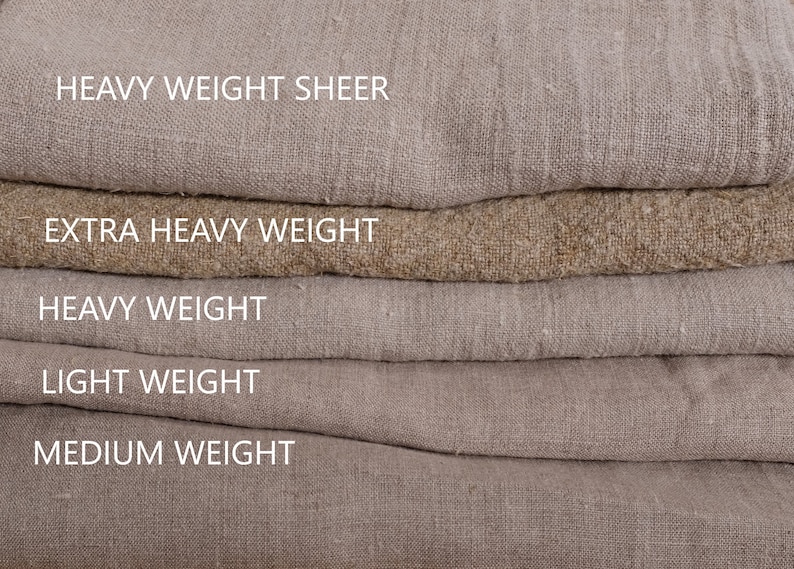 May include: A stack of five linen fabrics in different weights, labelled from lightest to heaviest: Light Weight, Medium Weight, Heavy Weight, Extra Heavy Weight, and Heavy Weight Sheer.