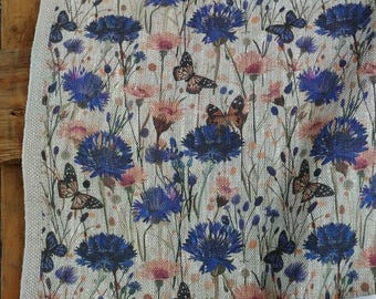 Tela de lino con estampado floral y mariposas, lino grueso con flores, tela de lino lavada por metros, tela de lino cortada a medida