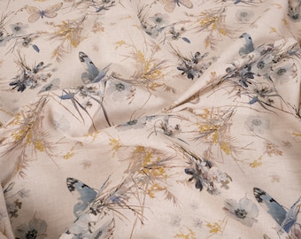 Softened floral pattern linen fabric, medium weight linen with flowers Washed linen fabric by the meter, linen fabric by the yard