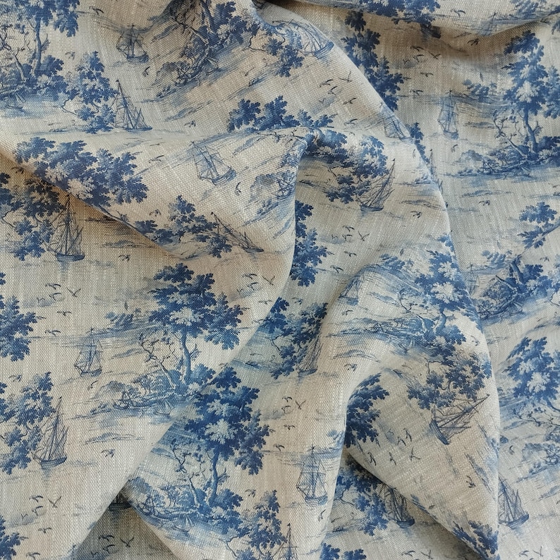 Blue landscape boat pattern linen fabric, heavy weight linen upholstery Washed flax fabric digital print antique flax ship unique image 7