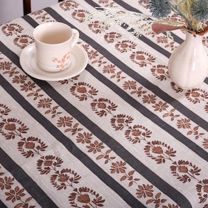 rustic natural Linen tablecloth with big print - custom size - Round elegant table linen brown block print pattern, indian style boho chic