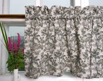 Cafe Curtain  from natural Linen with print , french window panel with header  for ranch kitchen window farmhouse curtain valance palm green