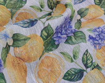 Softened leaves pattern linen fabric, heavy weight linen with flowers Washed linen fabric by the meter, linen fabric by the yard lemon italy